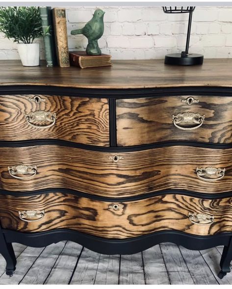 Updated Home Decor, Two Toned Painted Furniture, Neutral Painted Furniture, Tiger Oak Dresser Makeover, Black And Wood Furniture, Wood Furniture Makeover, Painted Dresser Ideas, Redone Furniture, Painting Front Porch Concrete