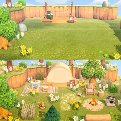 Animal Crossing Island Campsite, Animal Crossing Springcore Campsite, Cute Campsite Animal Crossing, Acnh Campsite Design Codes, Nature Acnh Island, Island Flag Animal Crossing Ideas, Acnh Island Designs Campsite, Acnh Island Designs Beginner, Springcore Island Animal Crossing