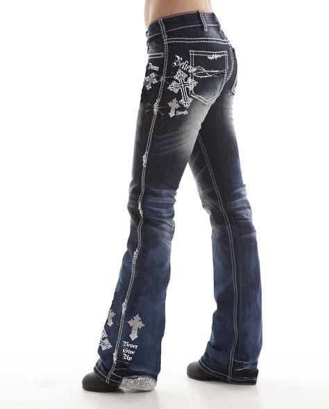 unBELIEVEable Indigo| Are you lookin' at these jeans?! Bold thick white stitching looks unBELIEVEable through dark indigo washing. Inspirational cross embroidery, silver sequins throughout and shimmer crystals along yoke thighs. Dark wash denim. Cotton/spandex. MSRP $149.99 2000s Pants, Camo Swimsuit, Cowgirl Tuff Jeans, Jeans West, Cowgirl Jeans, Cowgirl Tuff, Country Style Outfits, Looks Country, Country Girls Outfits