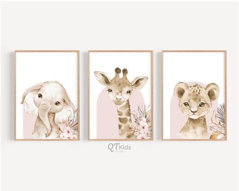 Baby Animal Wall Art, Blush Pink Nursery Decor, Girly Safari Nursery, Baby Girl Animal Nursery, Pink Giraffe Nursery, Pink Safari Nursery, Nursery Ideas Pink, Girl Animal Nursery, Pink Boho Nursery