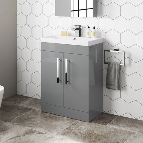 Grey Bathroom Floor, Bathroom Mountain, Grey Vanity Unit, Designer Bathrooms, Grey Vanity, Floor Standing Vanity, Modern Basin, Freestanding Bath Taps, Black Mirror Frame