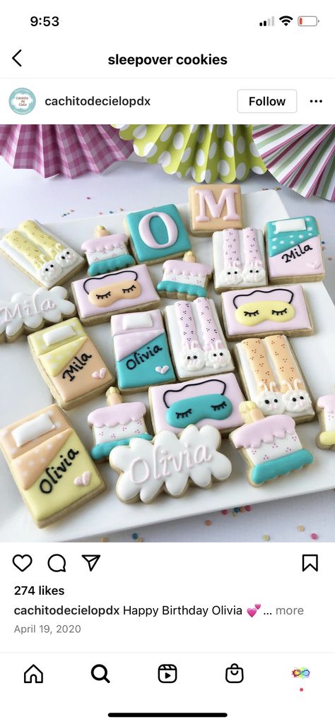 Slumber Party Cookies Decorated, Sleepover Cookies Decorated, Slumber Party Cookies, Sleepover Cookies, Hotel Sleepover Party, Hotel Sleepover, Happy Birthday Olivia, Slumber Party Birthday, Birthday Sleepover