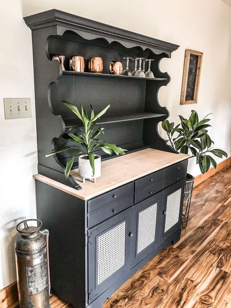 kitchen hutch, farmhouse decor, black furniture Diy Kitchen Hutch, Cane Cabinet Doors, Modern Farmhouse Hutch, Hutch Makeover Diy, Farmhouse Hutch Makeover, Cane Cabinet, Hutch Furniture, Farmhouse Hutch, Diy Furniture Building