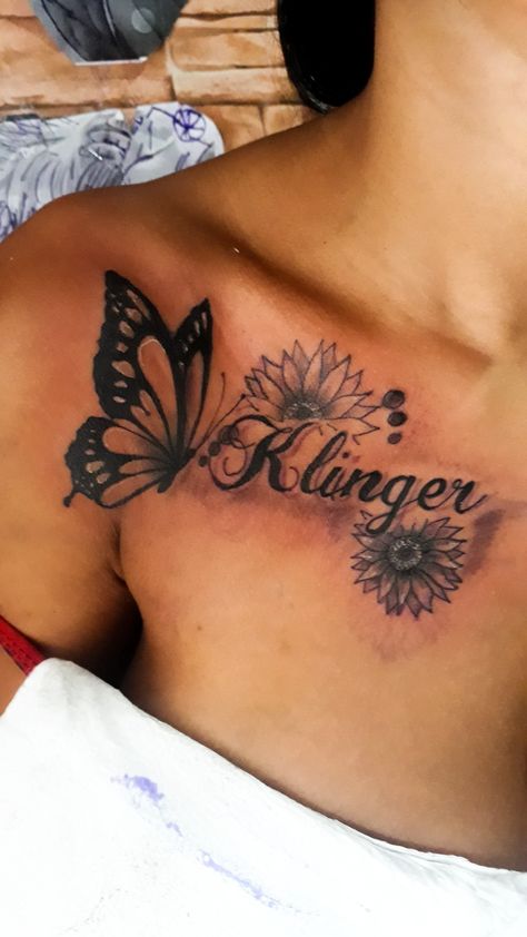 Chest Tattoos For Women Words, Butterfly On Chest Tattoo, 2008 Tattoo Ideas, Name Chest Tattoo Female, Tattoo Ideas On Chest, Pretty Tattoos With Meaning, Butterfly Collar Bone Tattoo, Female Chest Tattoo Ideas, Butterfly Tattoo Shoulder