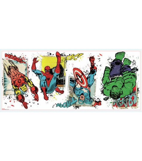 Protect your space from evil villains with these vintage Marvel Superhero burst giant wall decals from RoomMates! Easy to apply, these wall decals are a great way to bring your favorite superheroes of all time to life on the walls of your space in minutes! Great for Marvel fans of all ages, these wall decals can be removed and repositioned as much as needed without damaging the wall sticker or the surface Simply peel and stick!153 inch x 151 inch to 145 inch x 163 inch4 piecesVinylDecals are rem Marvel Home Decor, Super Hero Room Decor, Superhero Room, Marvel Wall, Evil Villains, Marvel Superhero, Hand Crochet Baby Blanket, York Wallcoverings, Mermaid Blanket