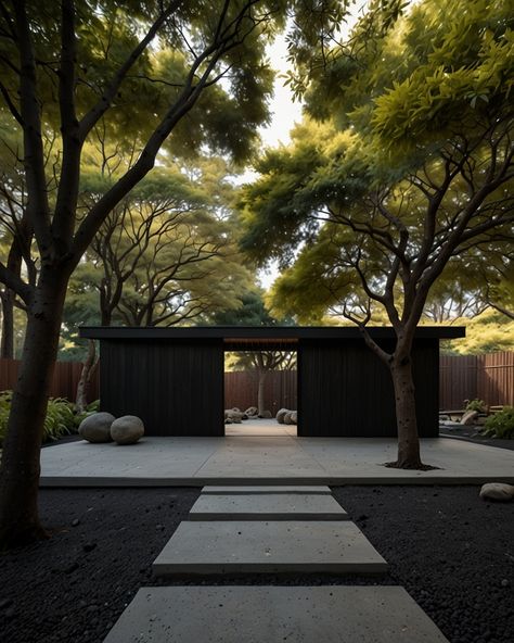 Matte Black Nation 🏴 (@matteblacknation) • Instagram photos and videos Black Gravel Landscaping, Green Black Aesthetic, Japanese Landscaping, Black Villa, Japanese Scandinavian, Wooden Pavilion, Japanese Rock Garden, Modern Japanese Architecture, Dunes House