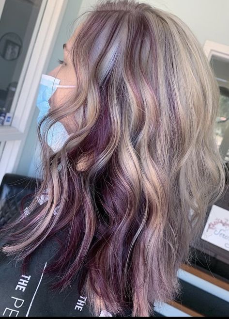 Fun Colors To Put In Blonde Hair, Burgundy Hair With Platinum Highlights, Blonde Copper And Purple Hair, Blonde With Violet Underneath, Ashy Blonde With Purple, Blonde With Accent Color, Blonde Hair Color Ideas With Peekaboos, Blonde And Burgundy Hair Peekaboo, Blonde Plum Hair