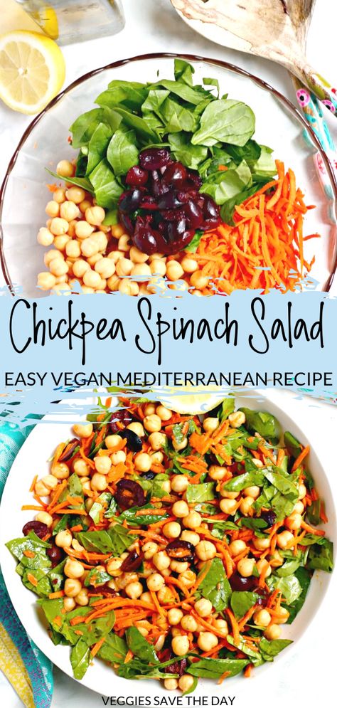 Spinach Lunch Ideas Healthy, Lemon Spinach Salad, Spinage Salad Recipe, Spinach Chickpea Salad, Vegan Spinach Salad Recipes, Spinach Carrot Salad, Carrot Spinach Recipes, Carrot Chickpea Salad, Salad Recipes Spinach