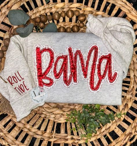 Elevate your casual wardrobe with my Alabama Sequin Embroidered Sweatshirt or T-Shirt, a perfect blend of comfort and style. This sweatshirt/T-shirt features stunning sequin embroidery and a layer of Velvet fabric that showcases your Alabama pride, making it a standout piece for game days or casual outings. Crafted from soft, high-quality fabric, it ensures a comfortable fit while keeping you warm. Pair it with your favorite jeans or leggings for a chic, laid-back look that's sure to turn heads. Alabama Shirts Vinyl, Alabama Football Shirt Designs, Alabama Football Tshirt Designs, Cute Alabama Sweatshirt, Womens Alabama Shirts, Alabama Clothes, Alabama Sweatshirt, Alabama Shirts, Sequins Embroidery