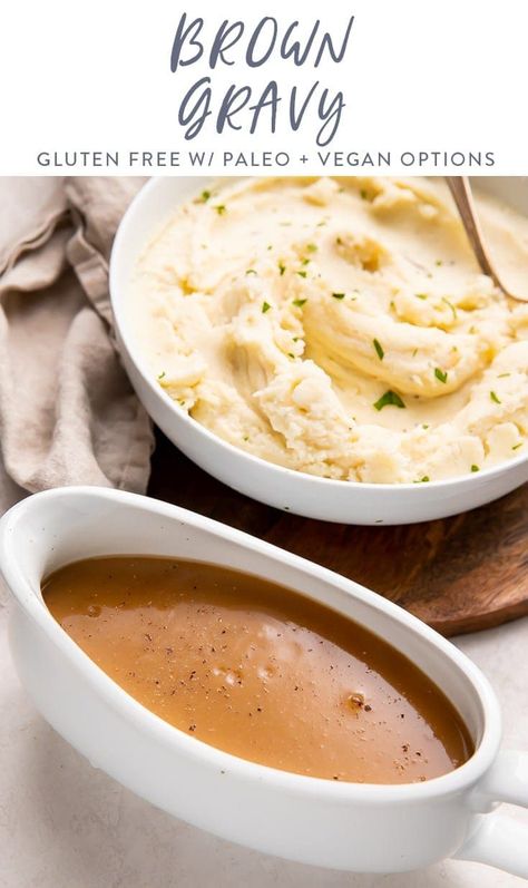 This classic brown gravy is the perfect addition to beef or mashed potatoes. Creamy and rich with loads of savory flavor, this recipe makes every dish better, and you'll return to it time after time. Quick and easy to make, it's naturally gluten free. #glutenfree #thanksgiving #paleo #vegan #gravy Dairy Free Gravy, Thanksgiving Paleo, Paleo Gravy, Beef Gravy Recipe, Dairy Free Thanksgiving, Brown Gravy Recipe, Mashed Potatoes And Gravy, Gluten Free Gravy, Easy Gravy Recipe