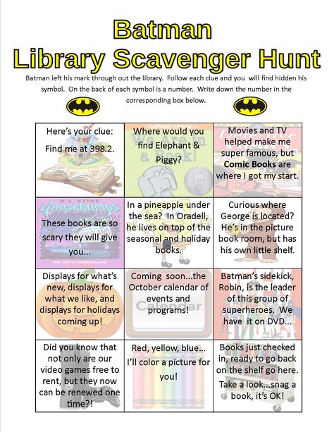 Batman Library Scavenger Hunt at the Oradell Free Public Library in Oradell, NJ Library Treasure Hunt, Library Scavenger Hunt, Book Scavenger Hunt, Library Halloween, Scavenger Hunt Riddles, Scavenger Hunt Clues, Halloween Scavenger Hunt, Scavenger Hunts, Word Puzzles