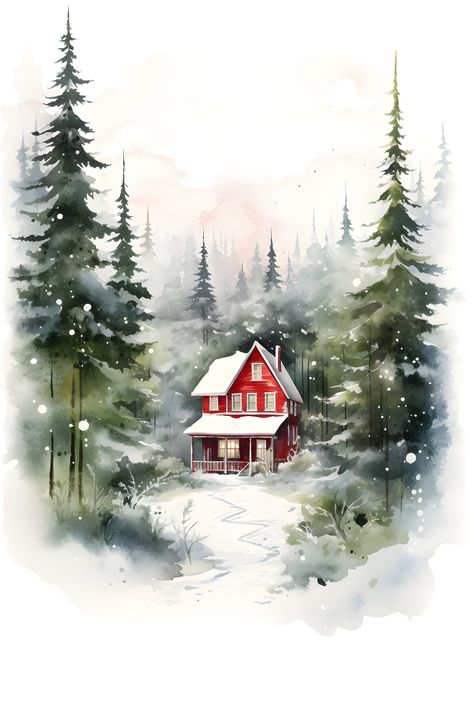 Winter Cottage, Winter Clipart, Winter Szenen, Winter Nature, 수채화 그림, Watercolor Illustrations, Winter Scene, Christmas House, Winter House