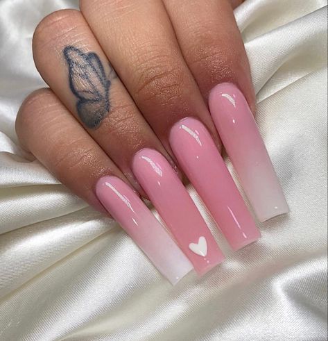 Ombre Nails With Heart, Valentines Ombre Nails, Ombre Valentines Nails, Square Nails Long, Tapered Square Nails, Hippie Nails, Long Acrylic Nail Designs, Acrylic Nails Coffin Pink, Long Square Acrylic Nails