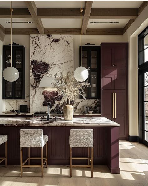 Burgundy Cabinets, Island Backsplash, Purple Kitchen, Modern Kitchen Interiors, Luxury Kitchen, Interior Inspo, Interior Design Kitchen, Home Decor Kitchen, Dream Kitchen