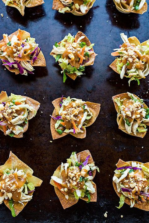 Thai Chicken Salad Wonton Cups, and Taking Those Last Little Bites out of Summer Chicken Salad Wonton Cups, Salad Wonton Cups, Balsamic Roasted Mushrooms, Chicken Salad Wontons, Peanut Sauce Dressing, Thai Chicken Salad, Crispy Wonton, Wonton Cups, Won Ton