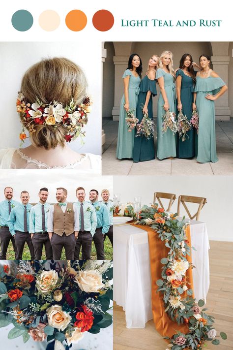 #weddingcolours #colourinspiration #tealandrust Light Teal Wedding, Teal Fall Wedding, Sage And Teal, Teal And Rust, Bridal Era, Teal Wedding, Light Teal, Barn Wedding, Wedding Inspo