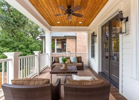 A porch ceiling is a great addition to your front porch design ideas. Not only does it shield you from the sleeting weather and the rain but you can use the additional support to hang your decor. Back Porch Design Ideas, Back Porch Design, Large Back Porch, Front Porch Design Ideas, Back Porch Designs, Porch Design Ideas, Porch Ceiling, Front Porch Design, Porch Area