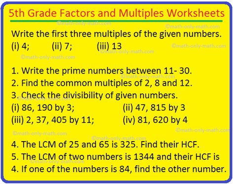 5th Grade Factors and Multiples Worksheets Factors Worksheet Grade 5, Lcm Worksheets For Grade 5, Factors And Multiples 4th Grade, Factors And Multiples Worksheet, Prime Factors, Grade 5 Math Worksheets, Formula Chart, Abacus Math, Common Multiples