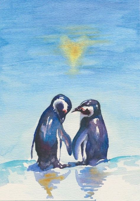 In Love Painting, Penguins In Love, Two Penguins, Penguin Drawing, Love Watercolor, Arte Indie, Penguin Art, Penguin Love, Fancy Art