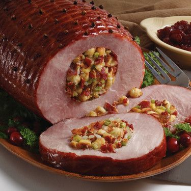 Bourbon Ham Glaze Recipe - Kunzler Stuffed Ham, Christmas Cakes Images, Company Recipes, Bacon Bread, Keto Stuffing, Ham Recipes Baked, Bread Stuffing, Bread Sauce, All About Christmas