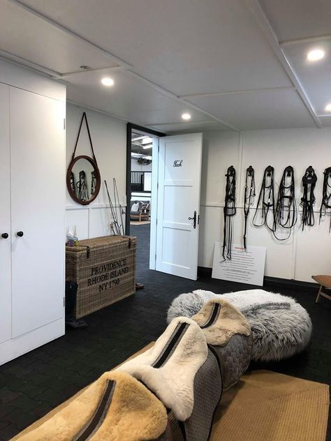 A Luxurious Black & White Barn in Australia - STABLE STYLE Black And White Tack Room, White Tack Room, Tack Room Ideas, Luxury Horse Barns, Dream Barn Stables, Horse Tack Rooms, Stable Style, Tack Rooms, Horse Barn Ideas Stables