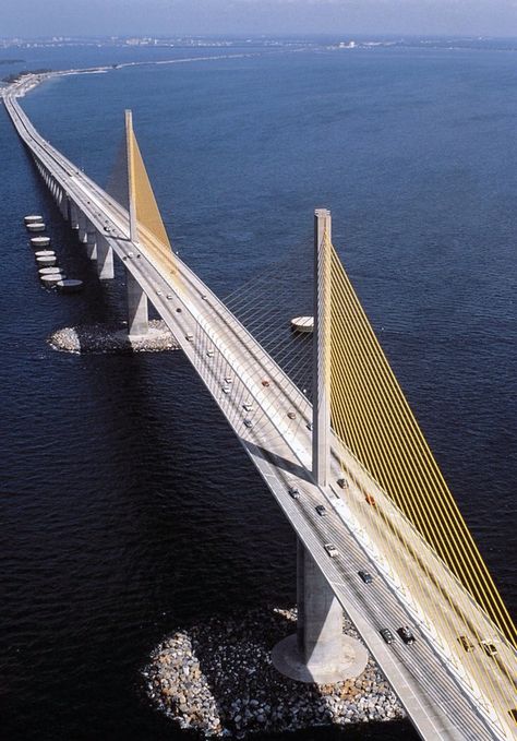 From FB-An aerial of the Sunshine Skyway, on the Gulf coast of Florida. This bridge spans Tampa Bay with a total length of 4.1 miles. It has been rated number 3 of the top 10 bridges in the world. Seven Mile Bridge, Skyway Bridge, Sunshine Skyway Bridge, Scary Bridges, Bridge Over Troubled Water, Gulf Coast Florida, St Pete Beach, Bridge Building, Carl Sagan