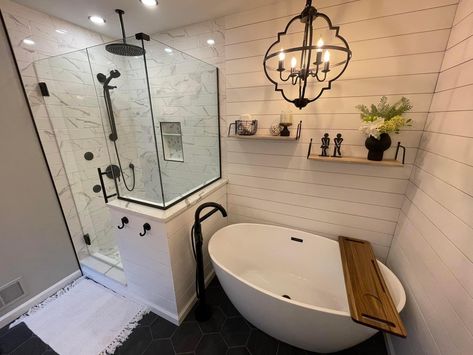 Remodel Tub To Shower Walk In, Small Farmhouse Bathroom With Tub, Laundry In Master Bath, Shower Bath Combo Small Bathroom, Tiny Master Bath Ideas, Double Wide Master Bath Remodel, Kids Jack And Jill Bathroom Ideas, Wet Room Bathroom With Corner Tub, Tub With Tile Walls