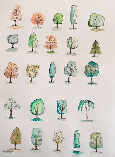 Landscapes Sketches, Tree Drawing Easy, Sketches Animals, Tree Doodles, Tree Drawing Simple, Tree Doodle, Tree Watercolor Painting, 그림 낙서, Doodle Art Journals