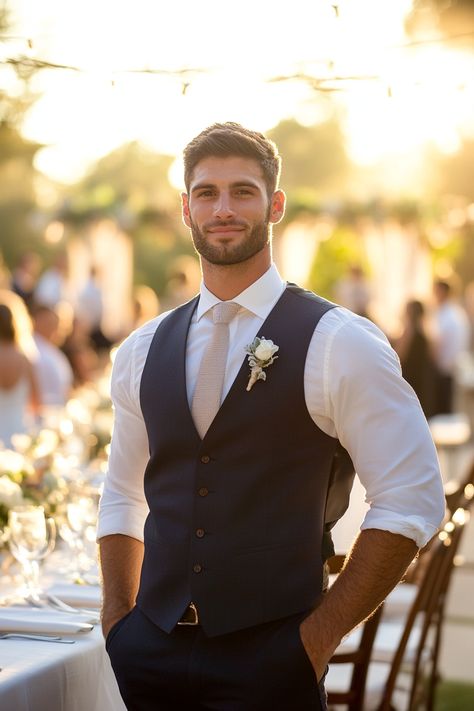 Styling a groom’s vest can elevate his wedding day attire! Discover chic looks and expert tips to enhance your groom's style, ensuring he stands out. Explore unique ideas to refine his ensemble!  #GroomsAttire #WeddingDayStyle #GroomsVest #WeddingPlanningChecklist #UniqueBridalIdeas #WeddingFashion #GroomStyle #Menswear #WeddingInspo #ChicWeddings #WeddingLooks #BridalTrends #GroomAndBride #WeddingDetails #ElegantWeddings Black Vest Wedding Groomsmen, Causal Wedding Groom Attire, Male Outfit For Wedding, Groomsmen With Vest, Non Suit Wedding Grooms, Grooms Summer Wedding Attire, Wedding Groom Suit Ideas, Groom Style Casual, Grooms Beach Wedding Attire