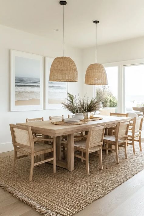 Ultimate Coastal Dining Room Design Inspiration | VIVA Dining Room With Open Kitchen, Light Colored Dining Room Table, Coastal Conference Room, Coastal Rugs Dining Room, Picnic Table Dining Room Indoor, Transitional Coastal Dining Room, Natural Dining Room Ideas, Small Cottage Ideas Interior, White Coastal Dining Table