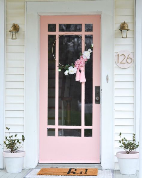 Green House Pink Door, White House Pink Door, Pink Front Door, Planters Diy, Front Porch Makeover, Porch Makeover, Pink Door, Dutch Door, Air Bnb