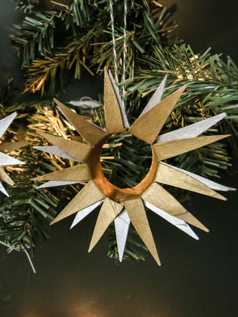 How to make toilet paper roll starburst ornaments • Charleston Crafted Sun Tree Topper, Toilet Roll Stars, Toilet Paper Roll Stars, Christmas Decs, Toilet Paper Tube, Nostalgic Christmas, Diy Toilet, Paper Stars, Toilet Paper Roll