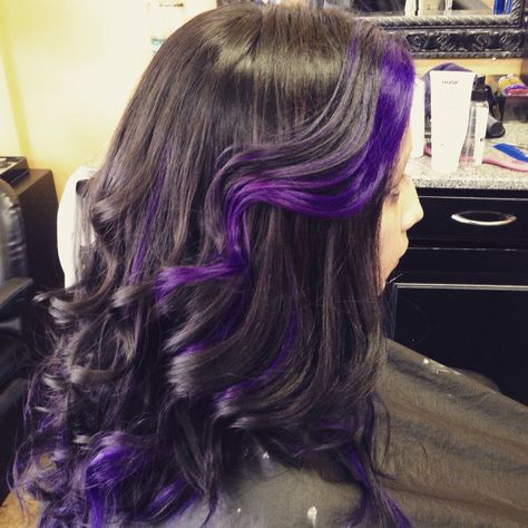 Purple Peek-a-boos on black hair Black N Purple Hair, How To Bayalage Hair, Hair Envy, Cool Hair Color, Hair Colour, Purple Hair, New Hair, Hair Ideas, Black Hair