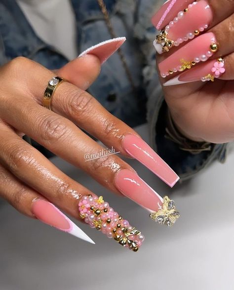 Pink French Tip Junk Nails, Nail Room, Nails 2020, Y2k Nails, Gem Nails, Valentines Nails, Long Acrylic Nails, French Nails, Pink Nails