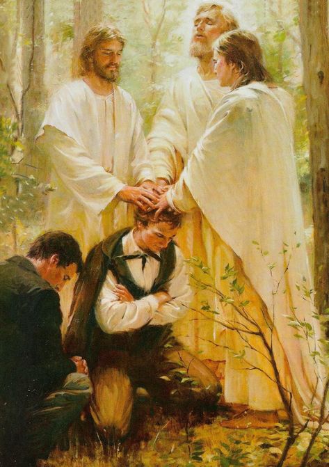 Walter Rane's painting of Joseph Smith receiving the priesthood from the ancient apostles, Peter, James and John Melchizedek Priesthood, Lds Pictures, Lds Artwork, Lds Church History, Lds Scriptures, Mission Vision, Doctrine And Covenants, Pictures Of Christ, Lds Art