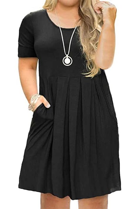 Tralilbee Women's Plus Size Short Sleeve Dress Casual Pleated Swing Dresses with Pockets Clothes For Women In 20's, Sleeve Dress Casual, Plus Size Shirt Dress, Plus Size Black Dresses, Casual Dresses Plus Size, Dresses With Pockets, Vestido Plus Size, Plus Size Kleidung, Plus Dresses