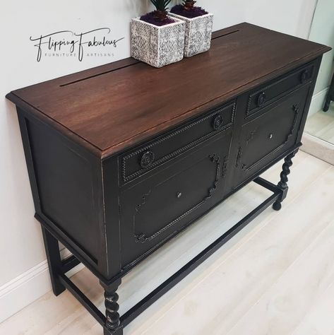 Lamp Black Buffet with Provincial Top | General Finishes Design Center Refinished Buffet, Chalk Paint Cabinets, Black Buffet, Buffet Makeover, Painted Buffet, Antique Buffet, Black Chalk Paint, Cherry Stain, Furniture Update