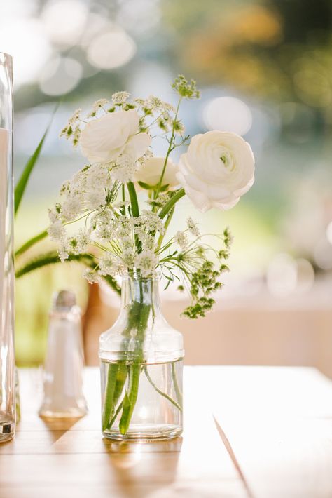 Bud Vase With White Flowers, Green And White Bud Vases, White Winter Wedding Flowers Centerpieces, Queen Anne’s Lace Bouquet, Simple Bud Vase Flower Arrangements, Bud Vases White Flowers, White Floral Bud Vases, Glass Vase Centerpiece Wedding, Hydrangea Bud Vase