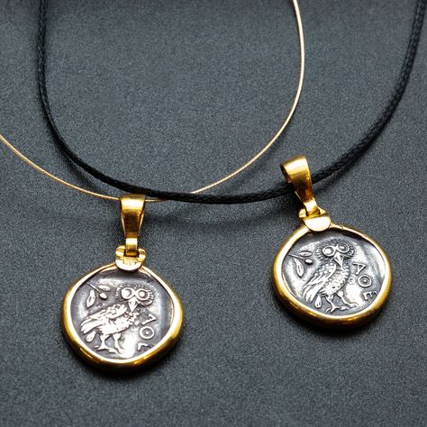 Ancient Greek Coin Necklace with Owl Goddess Athena Symbol, Mens Coin Pendant, Statement Necklace, Mens Coin Jewelry Gift, Greek Jewelry Greek Coin Necklace, Owl Goddess, Athena Symbol, Ancient Jews, Olive Sprig, Ancient Coin Jewelry, Byzantine Jewelry, Greek Men, Goddess Athena