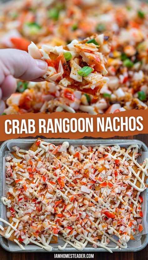 Two images of crab rangoon nachos, the first is a hand holding a nacho and the second is a tray of nachos from an overhead perspective. Wonton Wrapper Chips, Crab Rangoon Nachos, Garlic Chili Oil, Cream Cheese Sauce, Crispy Wonton, Wonton Recipes, Crab Rangoon, Crab Recipes, Chili Oil