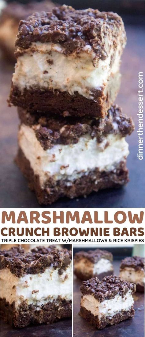 Marshmallow Crunch Brownie Bars are totally indulgent with three kinds of chocolate, an awesome marshmallow layer and the best brownie base. Crunch Brownies, Chocolate Chunk Brownies, Easy Bar Recipes, Brownie Bars, Dinner Then Dessert, Homemade Sweets, Peanut Butter Brownies, Chewy Chocolate Chip, Best Brownies