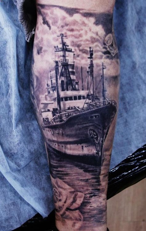 Tattoo Idea! Navy Tattoos, Boat Tattoo, Ship Tattoo, Weird Tattoos, B Tattoo, Calf Tattoo, Best Tattoo Designs, Great Tattoos, Skin Art