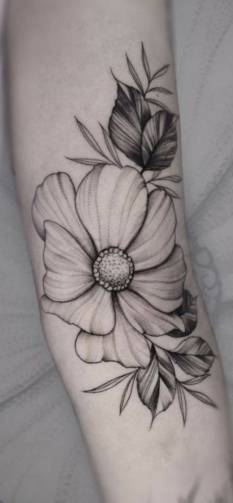 Cosmo Floral Tattoo, Cosmo Flower Tattoo Black And White, Chocolate Cosmos Tattoo, Chocolate Cosmos Flower Tattoo, Cosmo Flower Tattoos, Black And White Flowers Tattoo, Cosmo Birth Flower Tattoo, Realistic Flower Tattoo Black And White, Primrose Tattoo Design