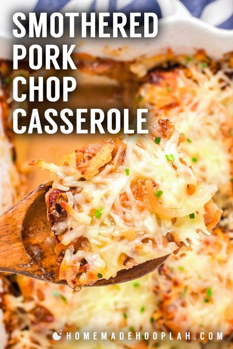 Smothered Pork Chop Casserole! This crowd-pleasing smothered pork chop casserole has tender pork chops baked on a bed of potatoes, onions, and a savory cream sauce, then topped with cheese. | HomemadeHooplah.com Crockpot Pork Chop Casserole, Casserole With Pork Chops, Sirloin Pork Chop Recipes Crockpot, Pork Chops And Au Gratin Potatoes, Pork Chops For A Crowd, Porkchops Casserole, Pork Loin Casserole, Pork Sirloin Chops Recipes, Pork Sirloin Chops