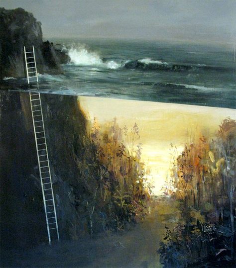 Dreamlike Split Level Landscapes Painted by Jeremy Miranda Jeremy Miranda, Colossal Art, Landscape Paintings Acrylic, A Ladder, Land Scape, Painting & Drawing, The Ocean, Surrealism, Landscape Paintings