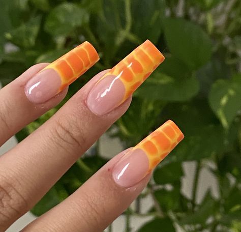 Yellow Crocodile Nails, Orange Croc Print Nails, Yellow Croc Nails, Orange Crocodile Nails, Orange Croc Nails, Square Nail French, Square Orange Nails, French Tips Square Nails, French Tips Square