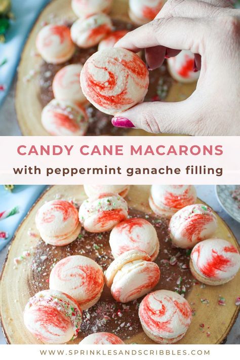 These candy cane macarons with red and white marbled macaron shells filled with a bright and bold peppermint white chocolate filling make the perfect festive and elegant Christmas macarons. White Chocolate Peppermint Ganache, Red And White Macarons, Peppermint Macarons, Christmas Macarons Flavors, Small Batch Cookie Recipe, Christmas Macarons, Small Batch Cookies, White Chocolate Sauce, Peppermint White