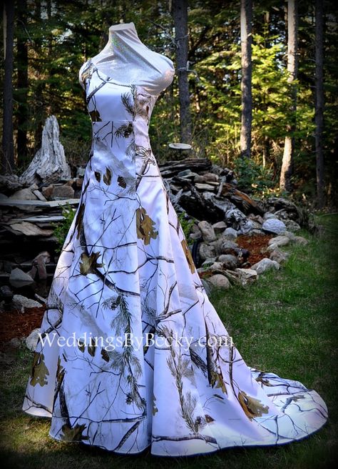 "'Abigail' Camo wedding dress New Camo Wedding Gown- with SATIN camo~Custom Made to fit you~          This dress was made with Realtree snow camo- however,  the Realtree snow camo is discontinued   Choose this style dress made from White Truetimber, Mossy Oak Winter, Mossy Oak New Breakup                       The  empire waist A-Line style flatters everyone's figure. This dress is an A-line, Empire waist- Back is a Lace up with a privacy panel with any color lace~ Shown is One-shoulder- but thi Blue Camo Wedding Dress, Blue Camo Wedding, White Camo Wedding Dress, Snow Camo Wedding, White Camo Wedding, Wedding Dress One Shoulder, Camo Wedding Dress, Camo Wedding Dresses, Camouflage Wedding