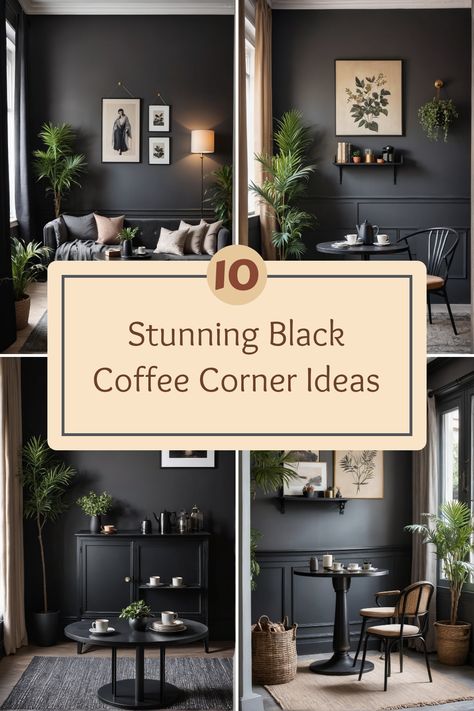 Discover 10 cozy and stylish black coffee corner ideas featuring warm atmospheres with plants, furniture arrangements, and delightful decor in four stunning images. Home Coffee Nook, Coffee Corner Ideas, Coffee Corners, Tall Potted Plants, Corner Ideas, Over The Couch, Statement Lamp, Coffee Nook, Coffee Equipment