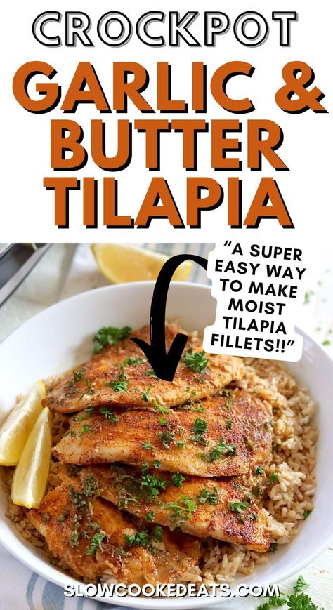 Super easy crock pot tilapia with a flavorful chili rub and lemon garlic butter. You'll love how tender this slow cooker fish recipe is! Crock Pot Recipes Fish, Slow Cooker Tilapia Recipes, Crock Pot Cod Recipes, Salmon Crock Pot Recipes, Fish Crock Pot Recipes, Crock Pot Tilapia, Fish In Crockpot Recipes, Tilapia Crockpot Recipes, Crockpot Fish Recipes Slow Cooker